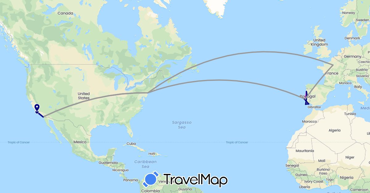 TravelMap itinerary: driving, plane, train in France, Portugal, United States (Europe, North America)